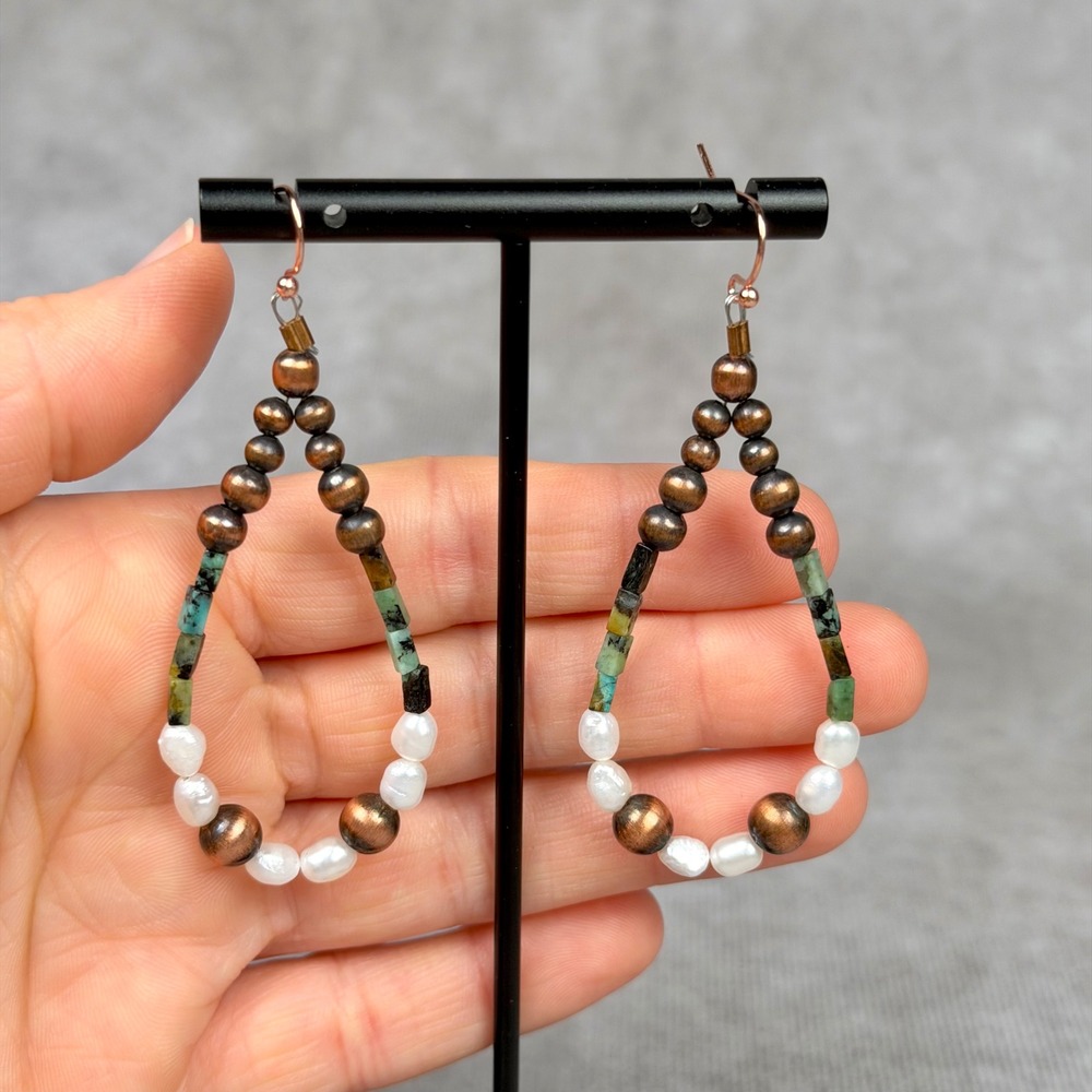 Boho Ruby Zoisite Pearl Copper Teardrop Hoop Dangle Earrings Southwest Artisan
